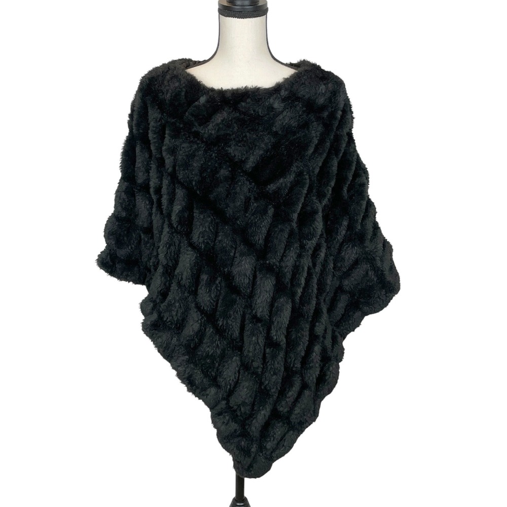 La Fiorentina Black Faux Fur Fluffy Asymmetric Poncho Wrap Cape Fall Womens OS